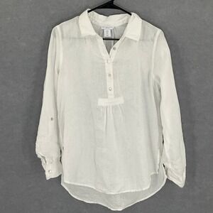 Antibes Blanc Women's White Linen Long Sleeve Button‎ Up Top Sz L Sustainable